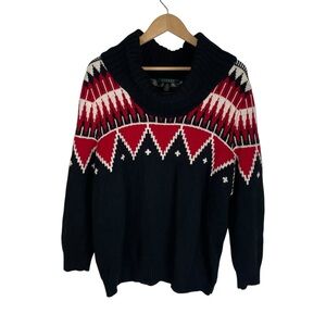 Lauren Ralph Lauren Black Red Fair Isle Tribal Cowl Neck Chunky Sweater Size 3X